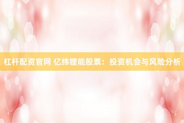 杠杆配资官网 亿纬锂能股票：投资机会与风险分析